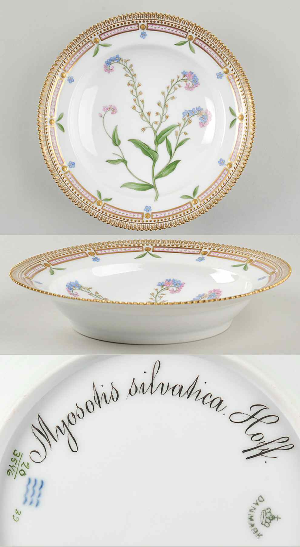 Flora Danica (1790 To 1960) Rim Soup Bowl-Myosotis silvatica Hoff by Royal Copenhagen-1