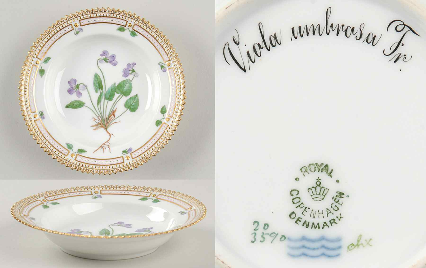 Flora Danica (1790 To 1960) Rim Fruit/Soup Bowl-Viola umbrosa Fr by Royal Copenhagen-1