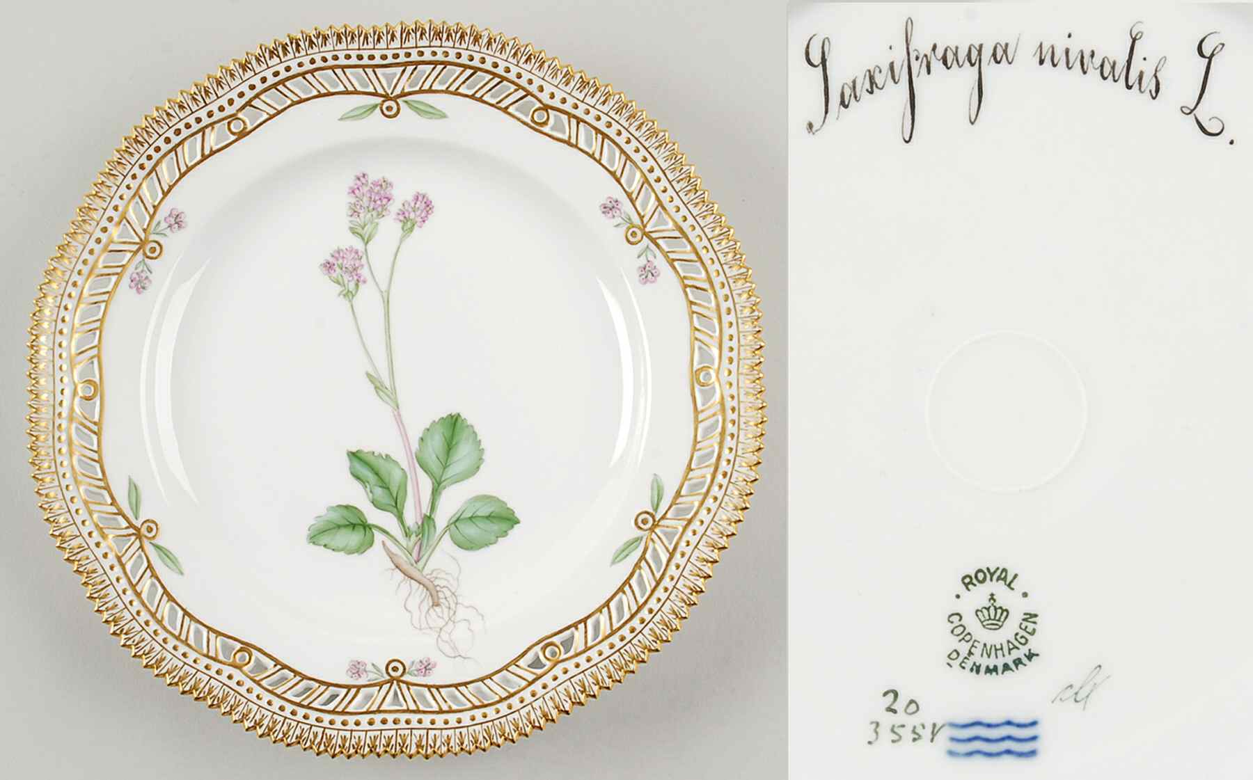 Flora Danica (1790 To 1960) 9" Pierced Luncheon Plate/Fruit Std-Saxifraga niva by Royal Copenhagen-1