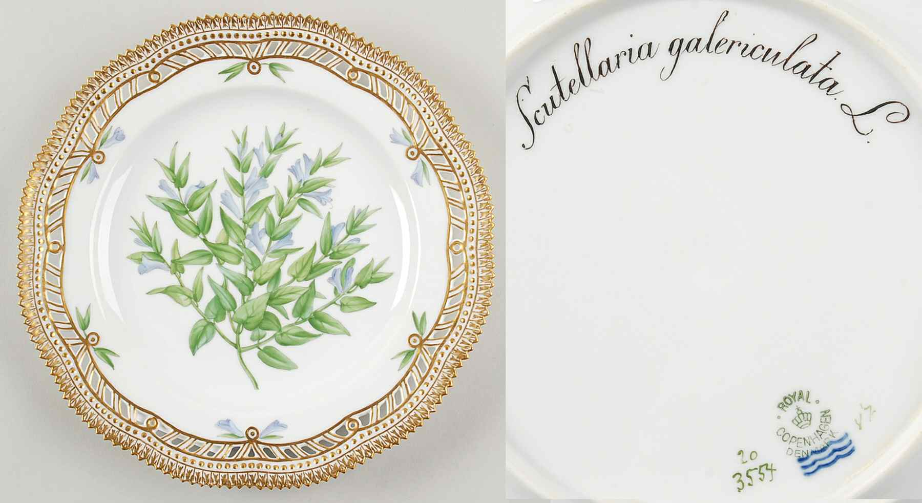 Flora Danica (1790 To 1960) 9" Pierced Luncheon Plate/Fruit Std-Scutellaria ga by Royal Copenhagen-1