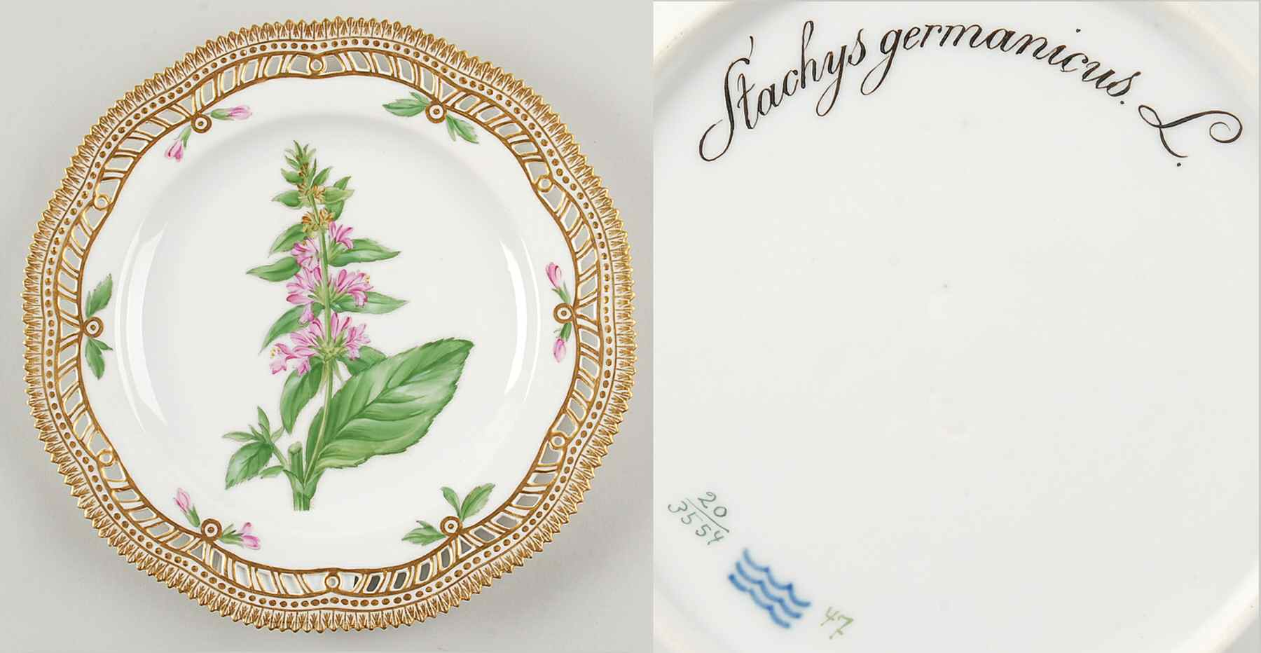 Flora Danica (1790 To 1960) 9" Pierced Luncheon Plate/Fruit Std-Stachys german by Royal Copenhagen-1