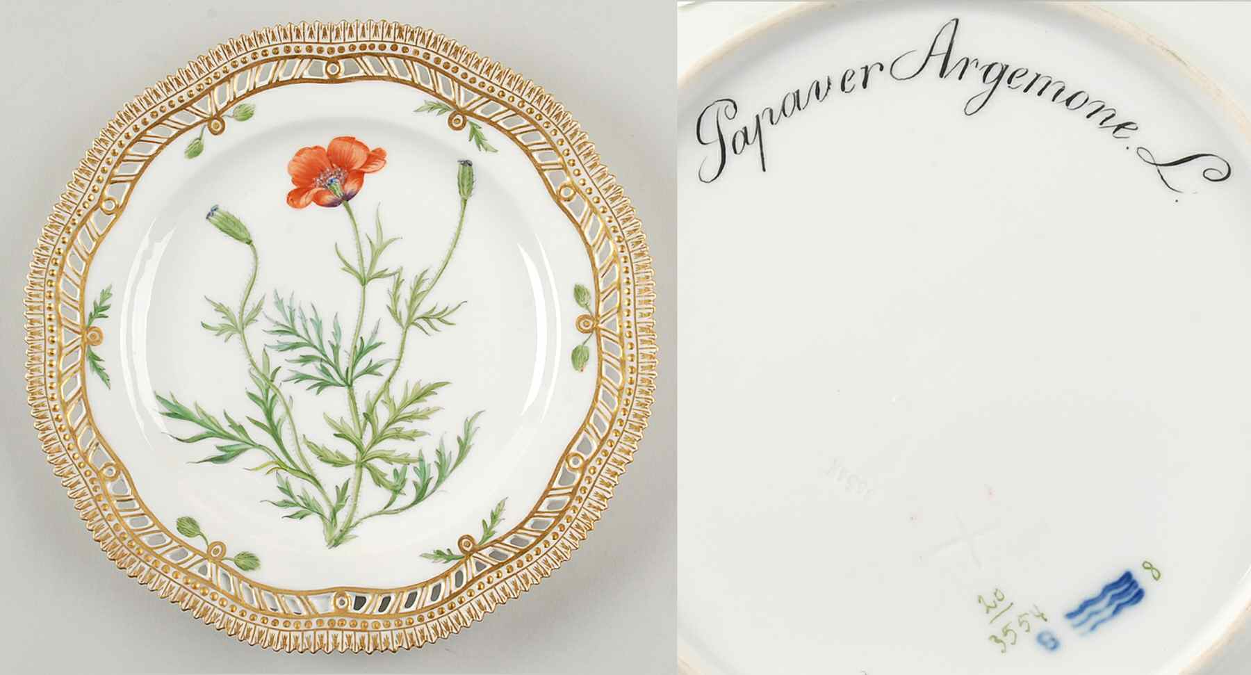 Flora Danica (1790 To 1960) 9" Pierced Luncheon Plate/Fruit Std-Papaver Argem by Royal Copenhagen-1
