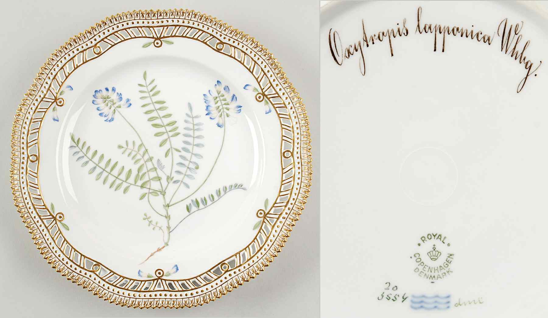Flora Danica (1790 To 1960) 9" Pierced Luncheon Plate/Fruit Std-Oxytropis lapp by Royal Copenhagen-1
