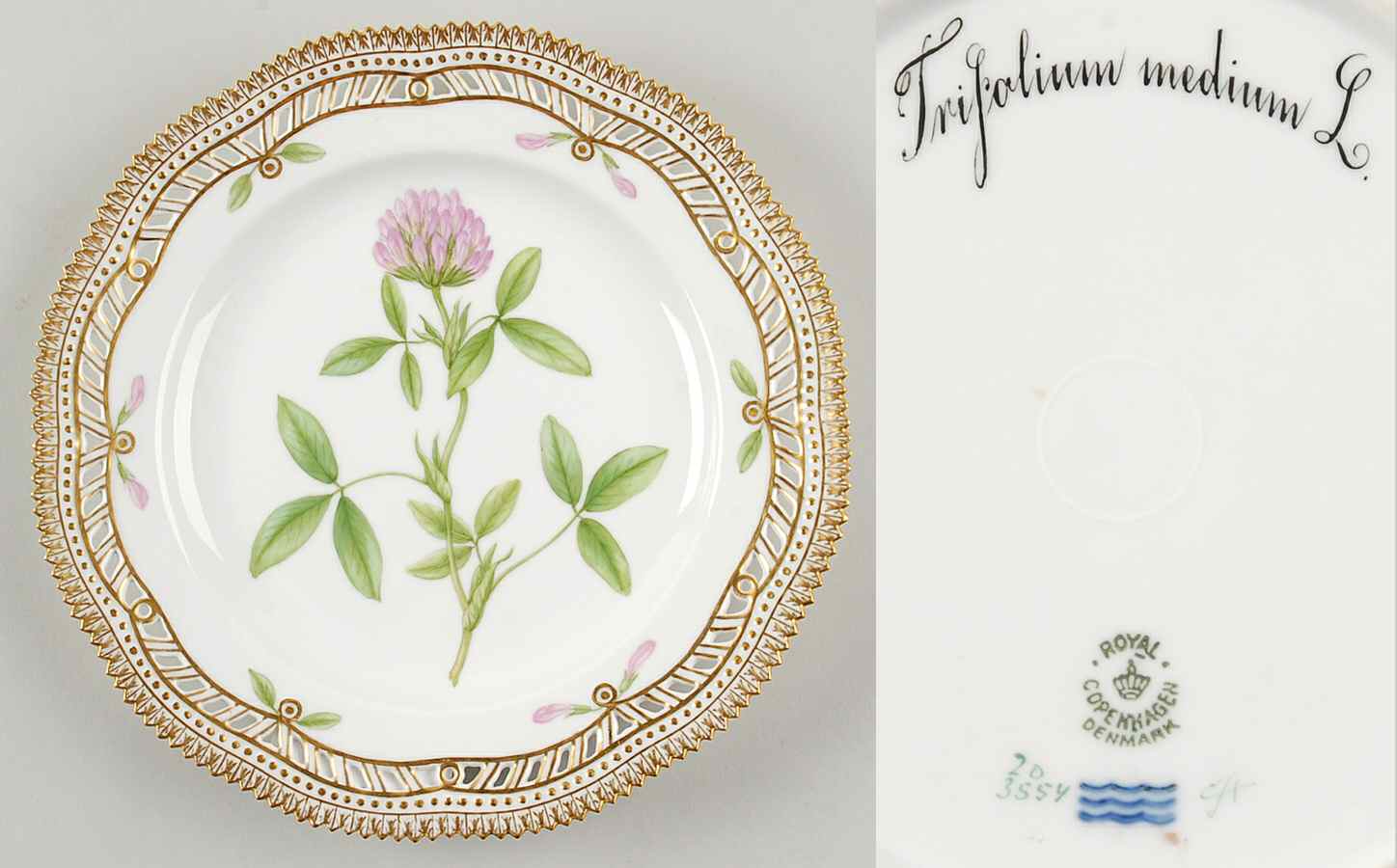 Flora Danica (1790 To 1960) 9" Pierced Luncheon Plate/Fruit Std-Trifolium medi by Royal Copenhagen-1