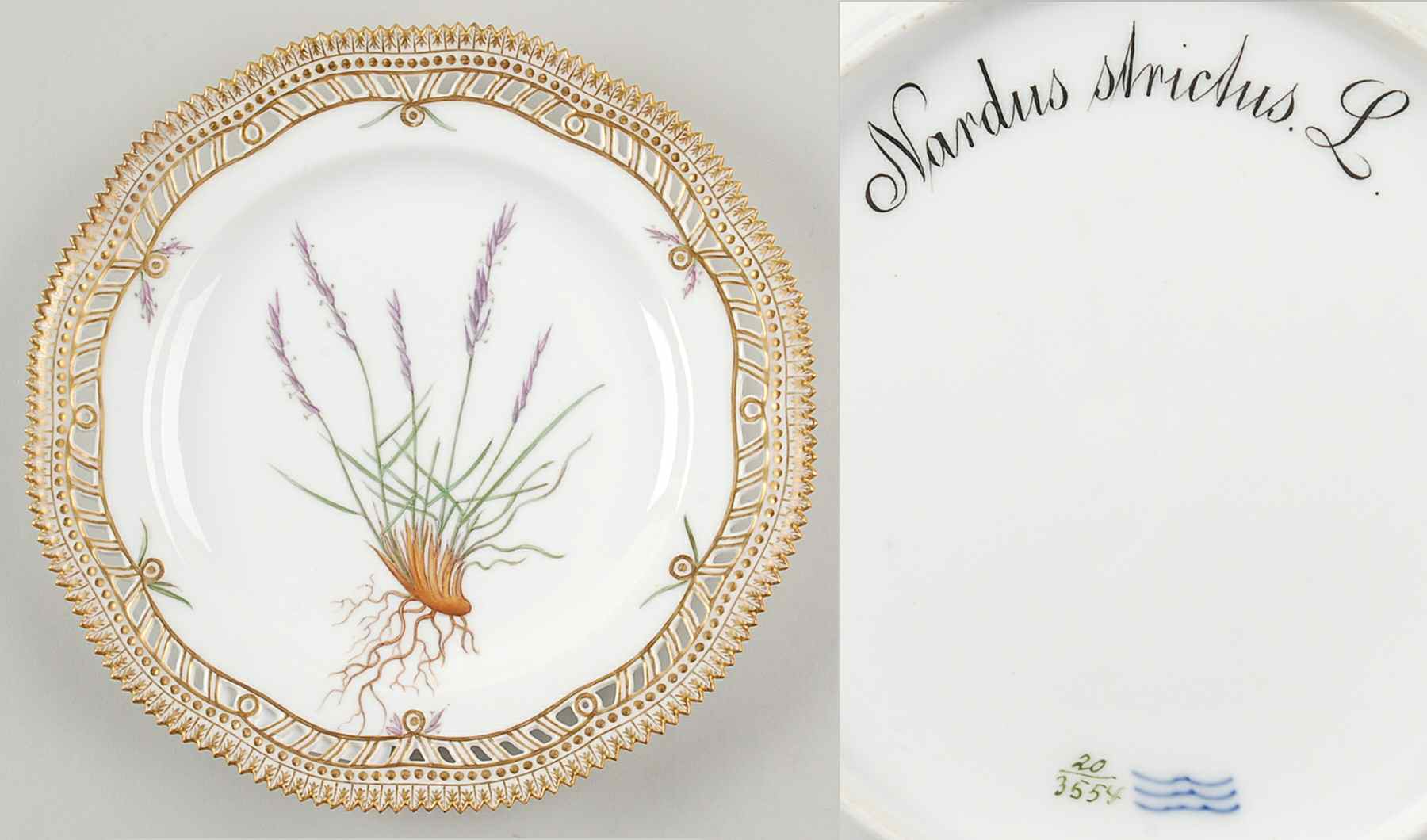 Flora Danica (1790 To 1960) 9" Pierced Luncheon Plate/Fruit Std-Nardus strictu by Royal Copenhagen-1