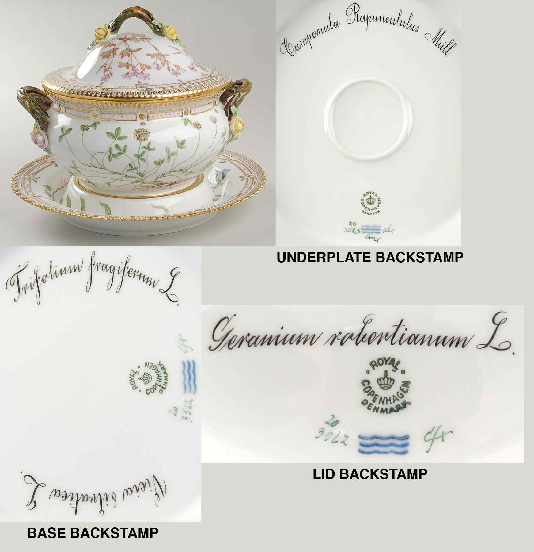 Flora Danica (1790 To 1960) 3Qt Tureen & Lid w/Underplate-Trifo,Vicia, Campanu by Royal Copenhagen-1