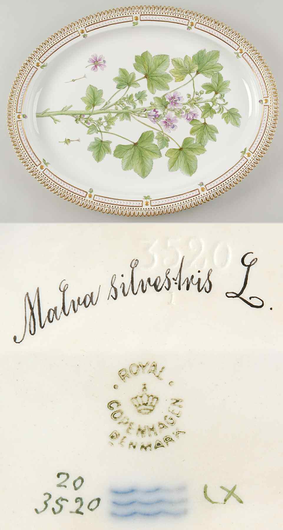 Flora Danica (1790 To 1960) 18" Oval Serving Platter-Malva silvestris L by Royal Copenhagen-1
