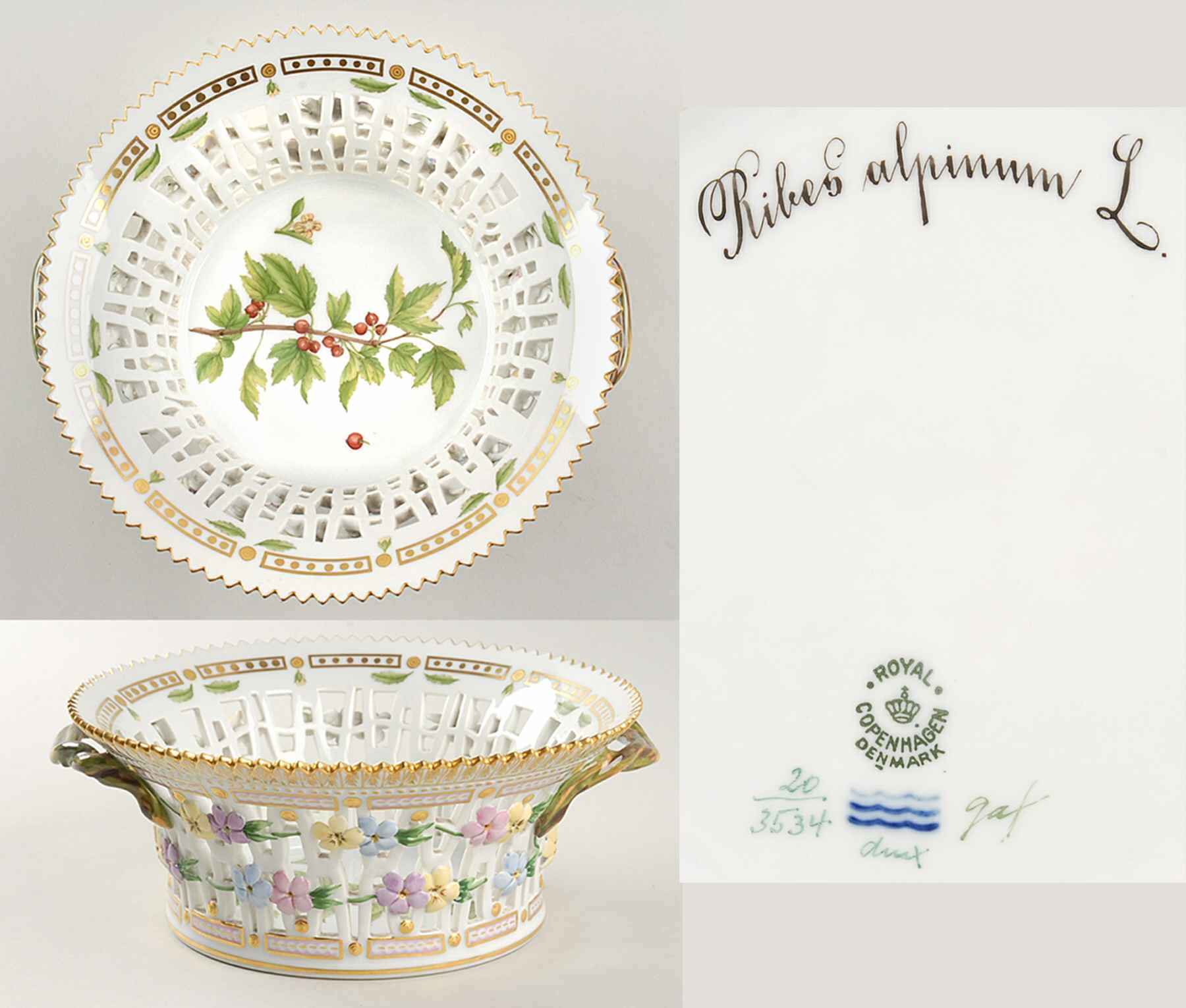 Flora Danica (1790 To 1960) 8" Round Fruit Basket-Ribes alpinum L by Royal Copenhagen-1