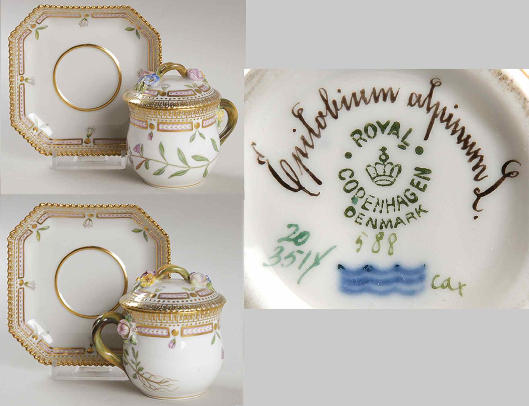 Flora Danica (1790 To 1960) Round Custard Cup, Saucer & Lid-Epilobium alpinum by Royal Copenhagen-1