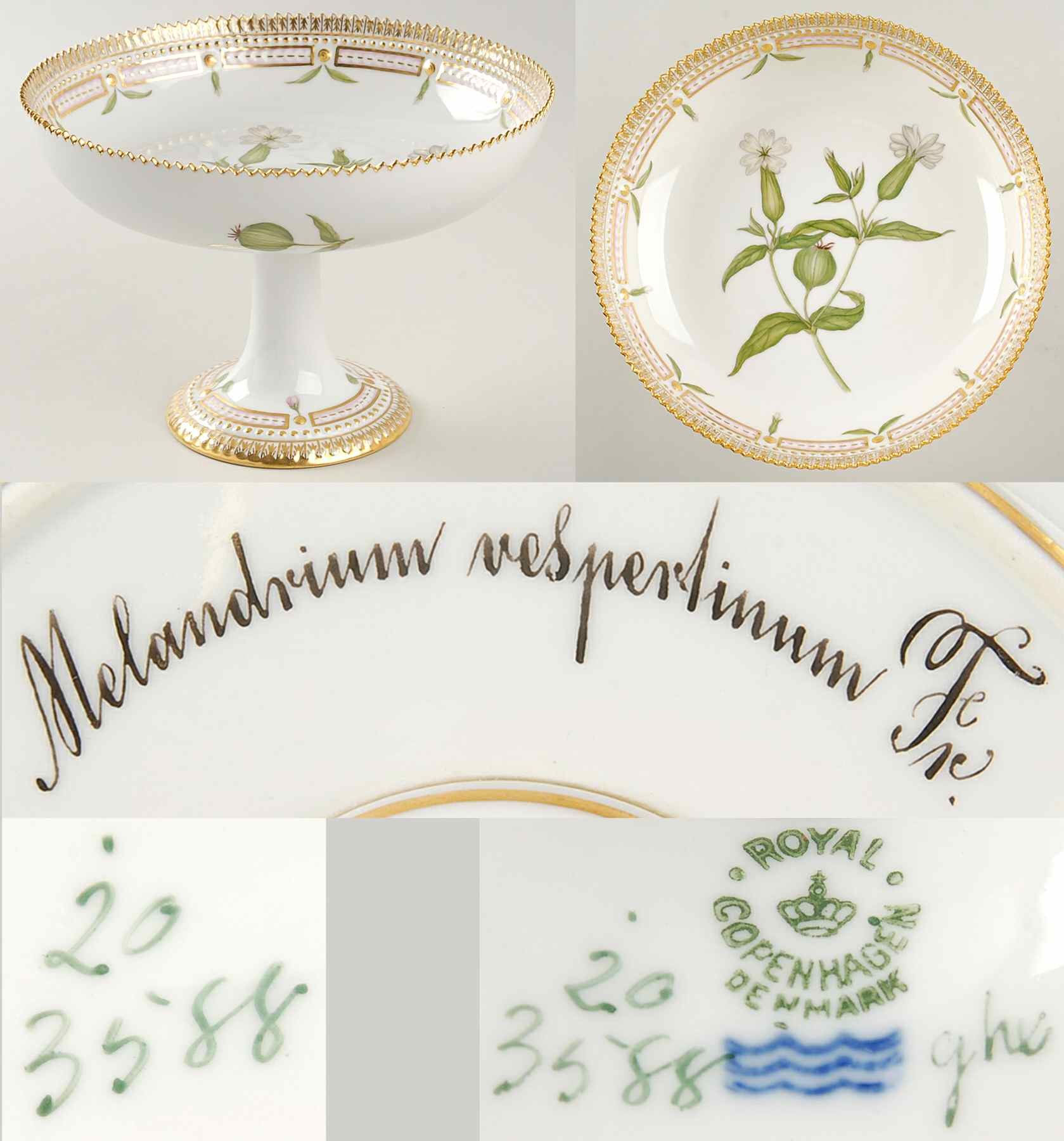 Flora Danica (1790 To 1960) Round High Foot Cake Plate-Melandrium vespertinum by Royal Copenhagen-1
