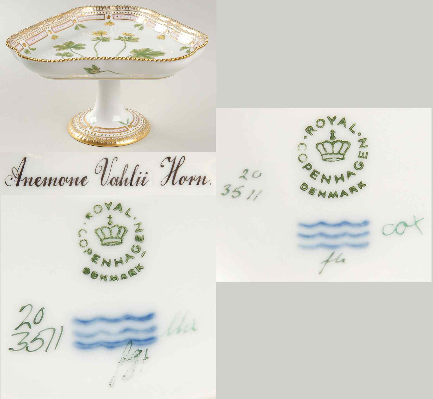 Flora Danica (1790 To 1960) Triangular High Foot Cake Plate-Anemone Vahlii Hor by Royal Copenhagen-1