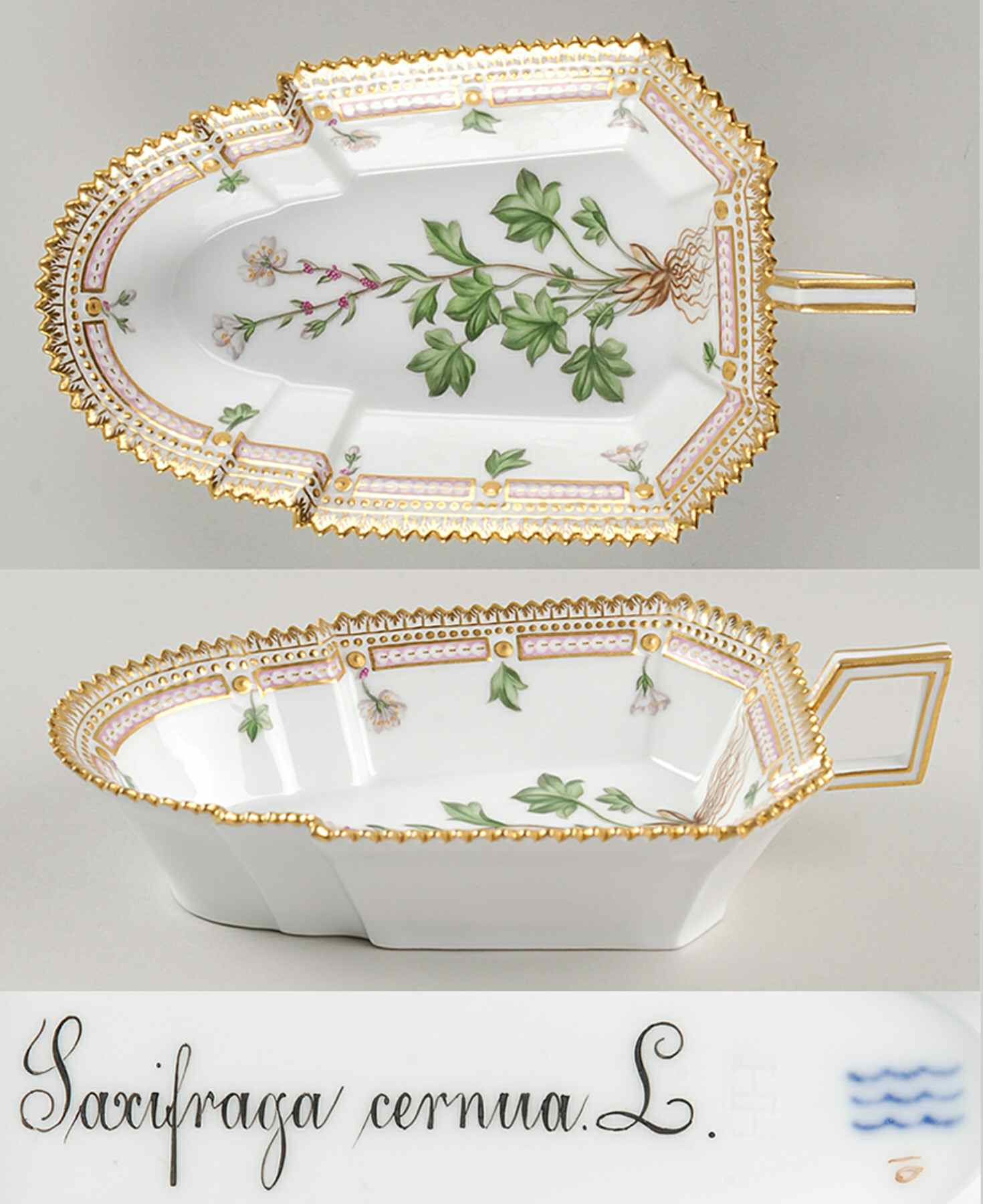 Flora Danica (1790 To 1960) 8" Pickle/Accent Dish-Saxifraga cernua L by Royal Copenhagen-1