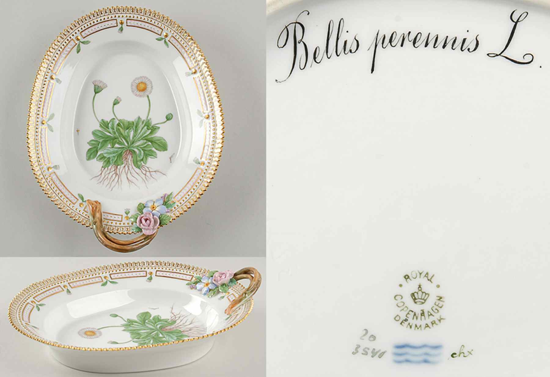 Flora Danica (1790 To 1960) 9" Oval Handled Pickle/Accent-Bellis perennis L by Royal Copenhagen-1