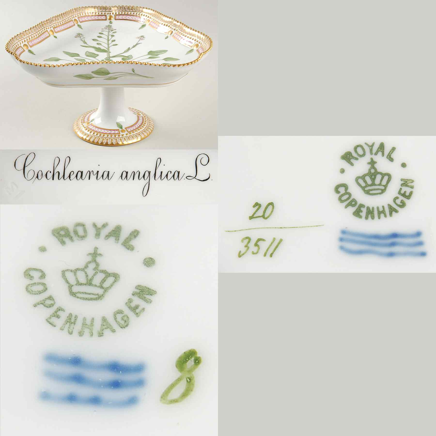 Flora Danica (1790 To 1960) Triangular High Foot Cake Plate-Cochlearia anglica by Royal Copenhagen-1