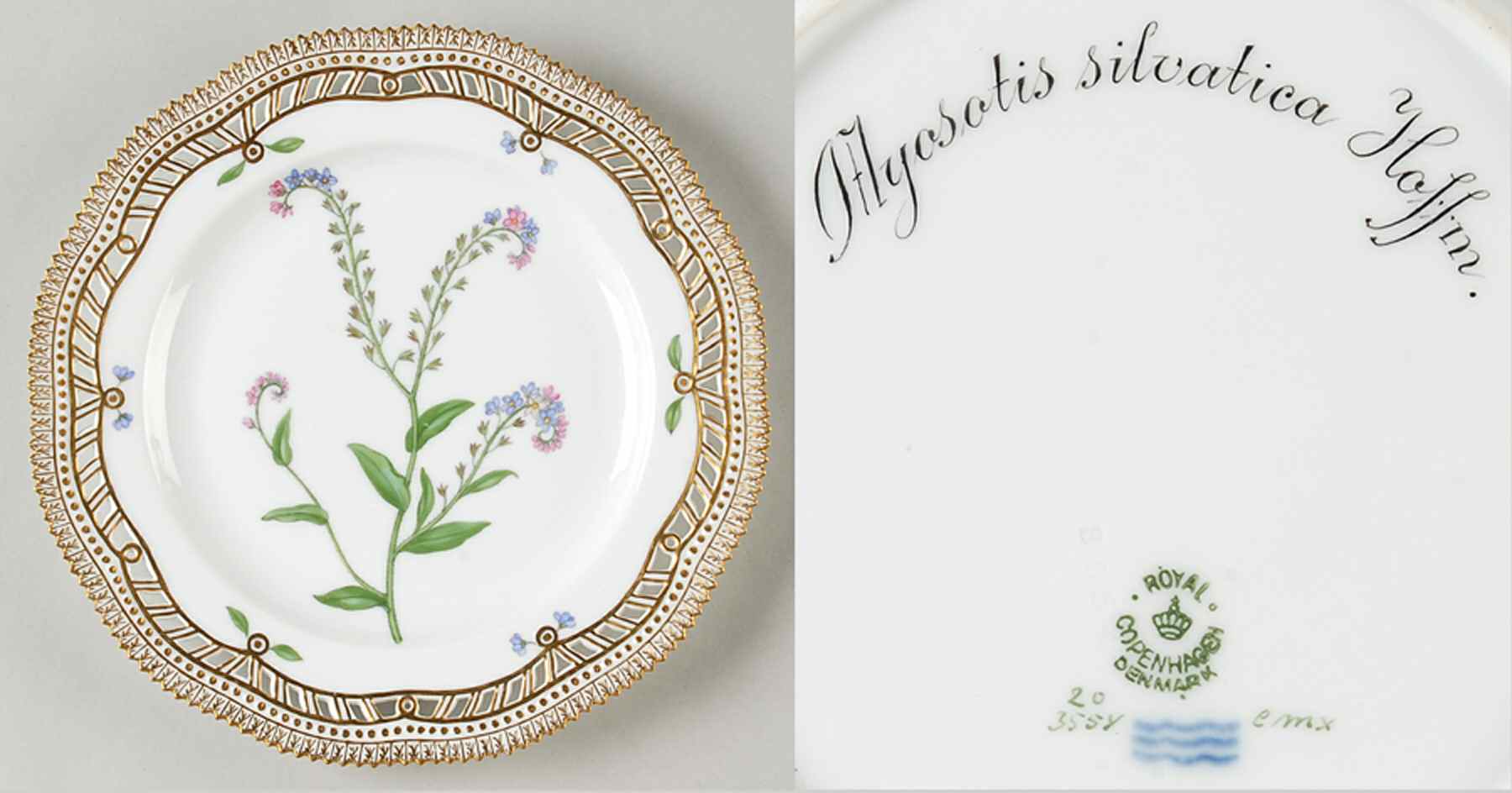 Flora Danica (1790 To 1960) 9" Pierced Luncheon Plate/Fruit Std-Myosotis silva by Royal Copenhagen-1