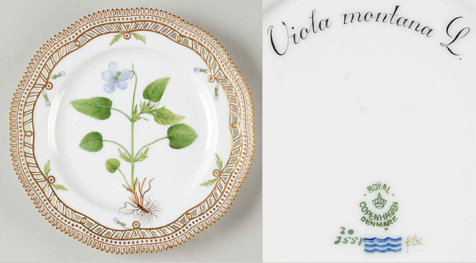 Flora Danica (1790 To 1960) 9" Pierced Luncheon Plate/Fruit Std-Viola montana by Royal Copenhagen-1