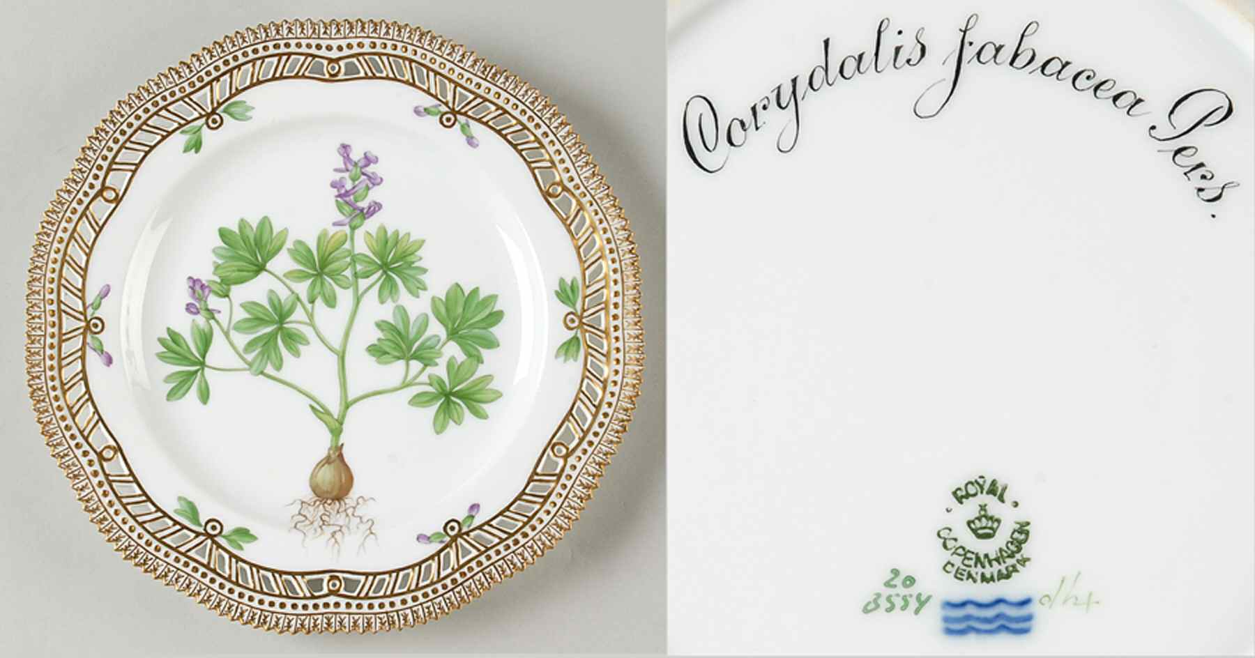 Flora Danica (1790 To 1960) 9" Pierced Luncheon Plate/Fruit Std-Corydalis jab by Royal Copenhagen-1