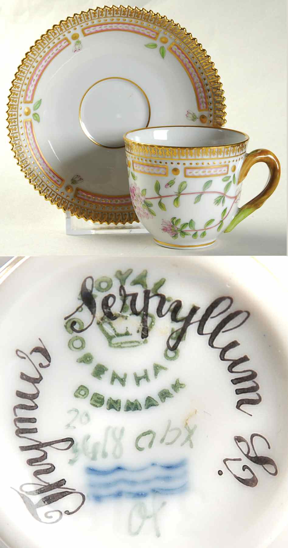 Flora Danica (1790 To 1960) Flat Demitasse Cup & Saucer-Thymus Serpyllum L by Royal Copenhagen-1