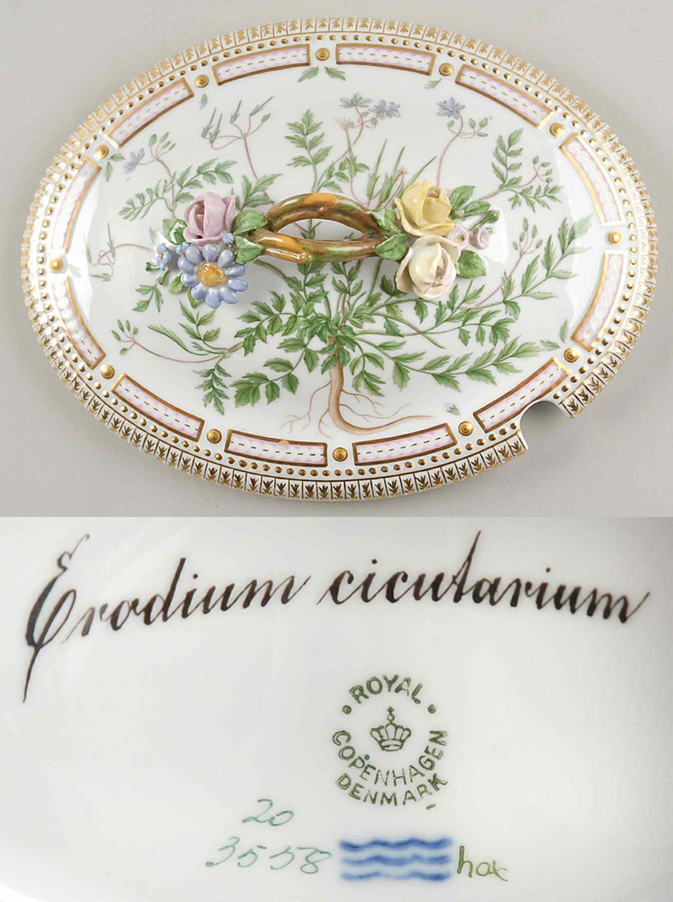 Flora Danica (1790 To 1960) Lid for 3 Qt Oval Tureen-Erodium Cicutarium by Royal Copenhagen-1