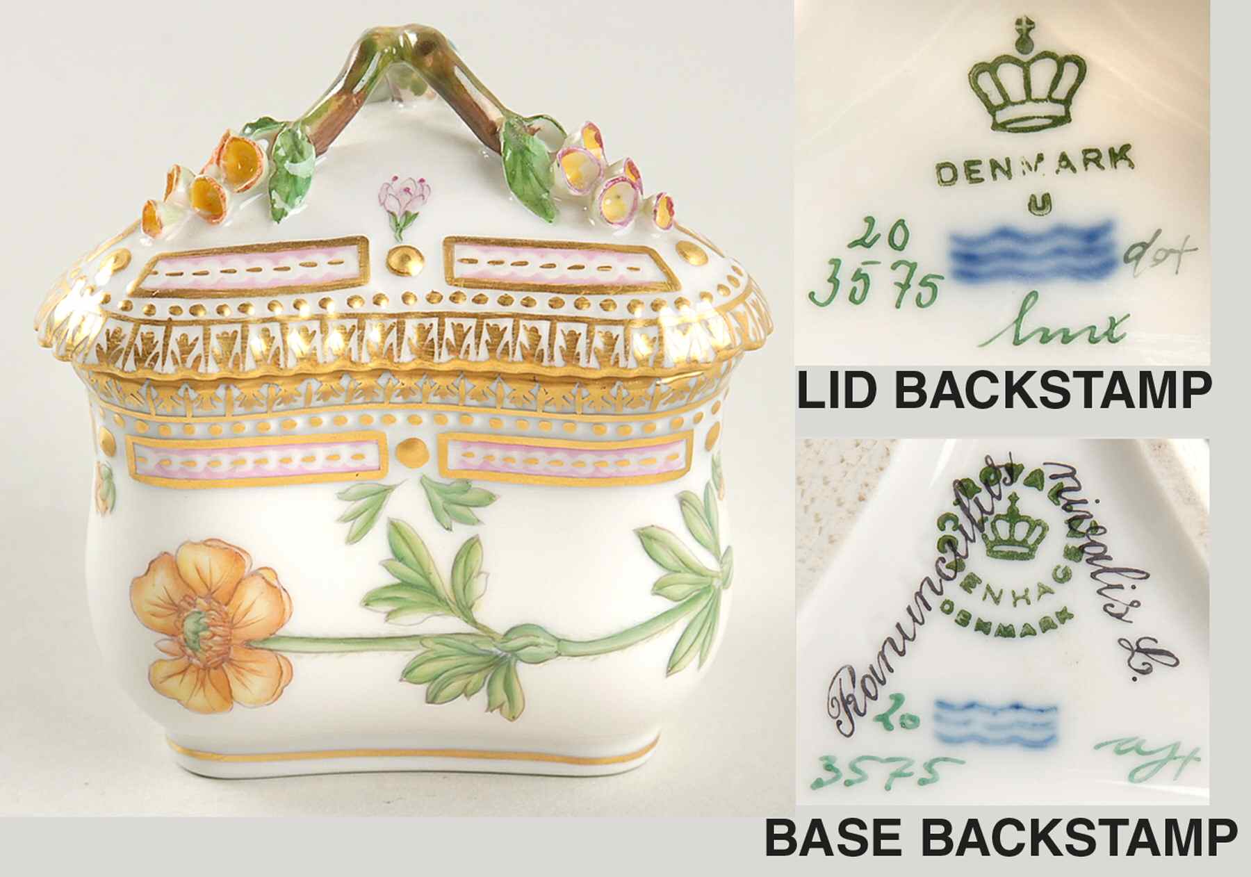 Flora Danica (1790 To 1960) Triangular Custard Cup & Lid-Ranunculus nivalis L by Royal Copenhagen-1
