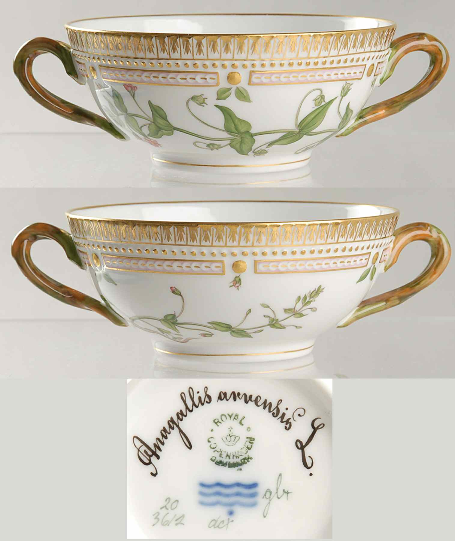 Flora Danica (1790 To 1960) Flat Cream Soup Bowl-Anagallis arvensis L by Royal Copenhagen-1