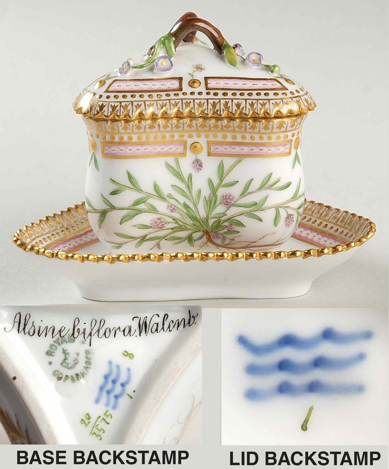 Flora Danica (1790 To 1960) Triangular Custard Cup, Saucer & Lid-Corrigiola li by Royal Copenhagen-1