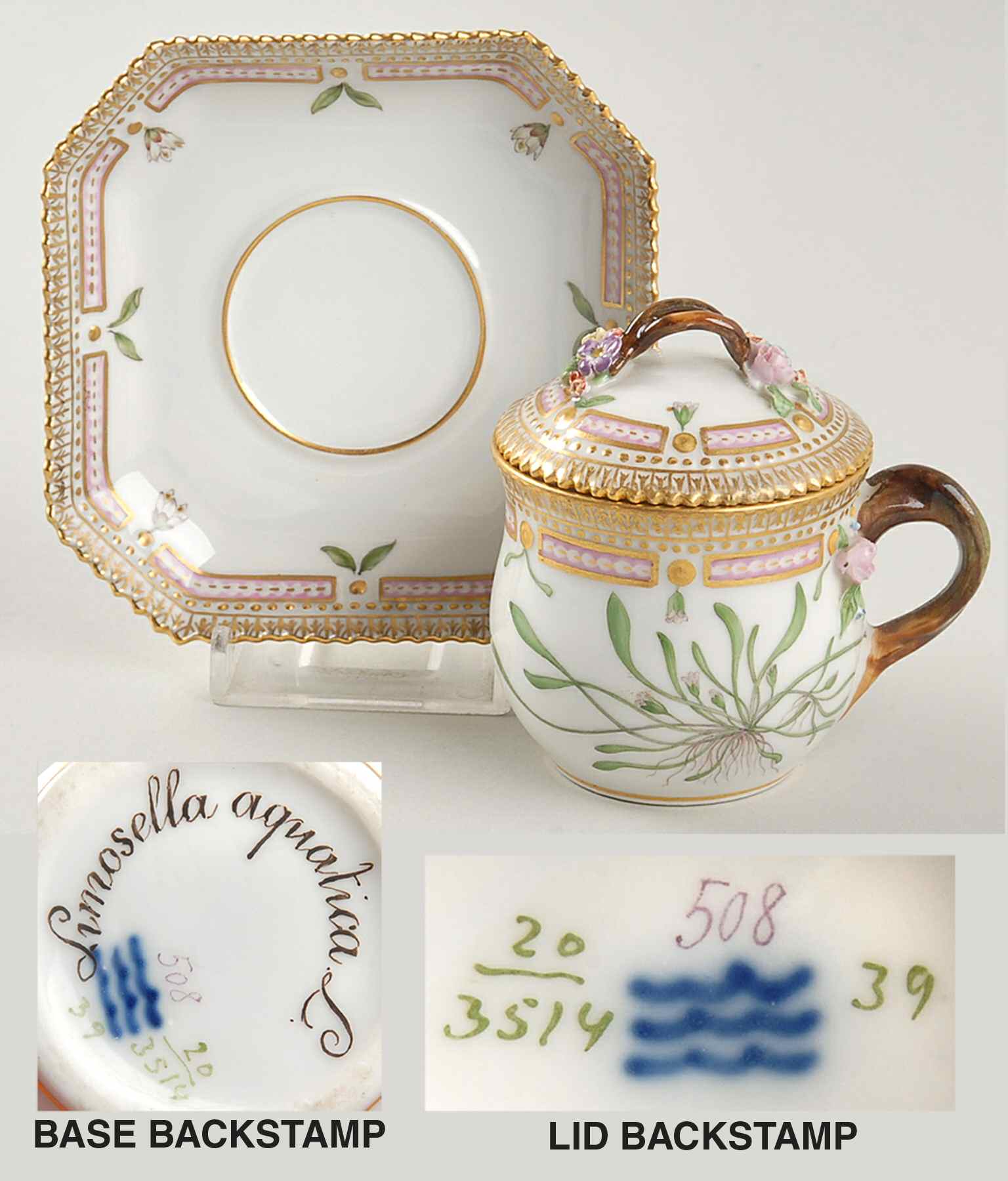 Flora Danica (1790 To 1960) Round Custard Cup, Saucer & Lid-Limosella aquatica by Royal Copenhagen-1