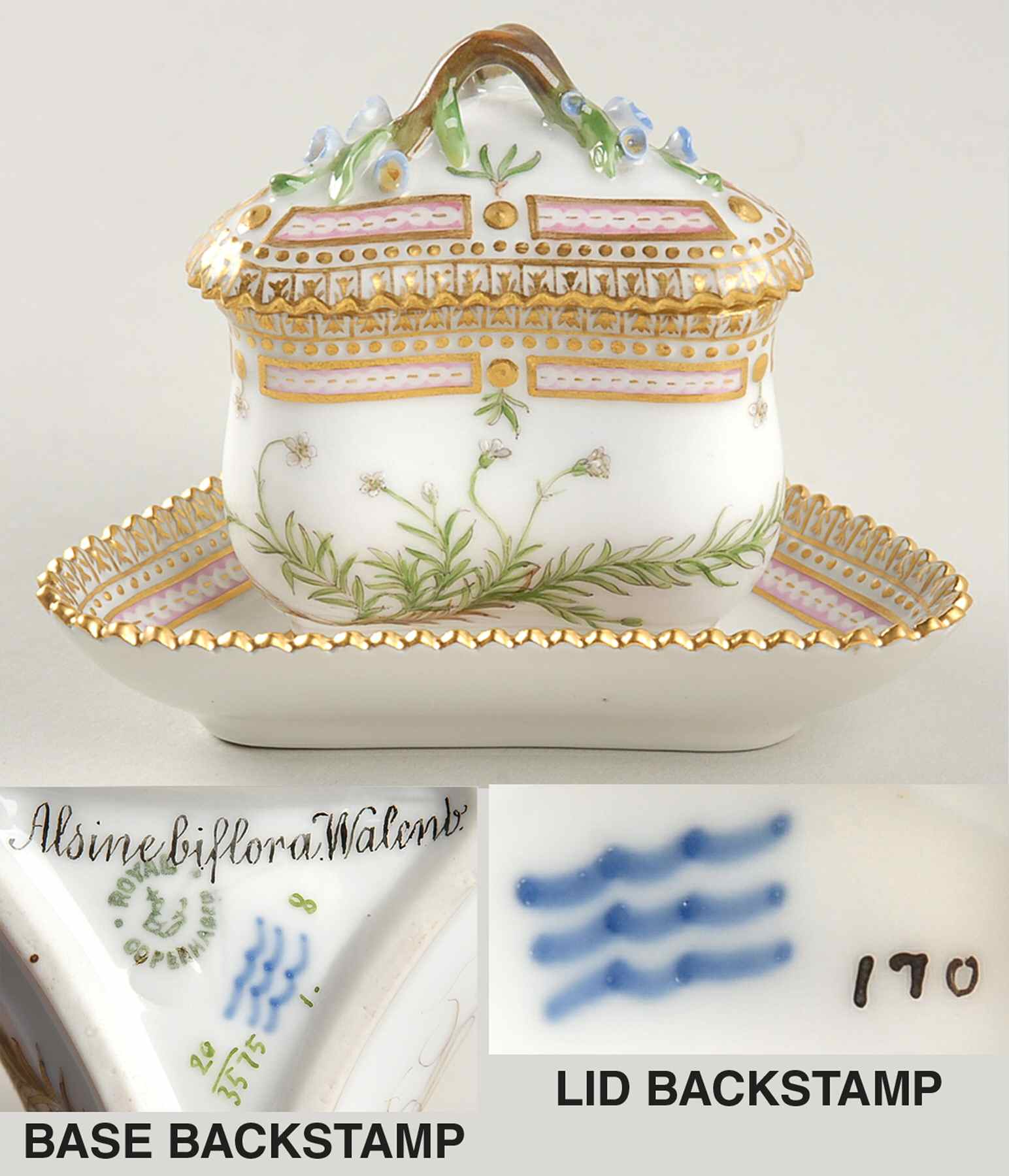 Flora Danica (1790 To 1960) Triangular Custard Cup, Saucer & Lid-Alsine biflor by Royal Copenhagen-1