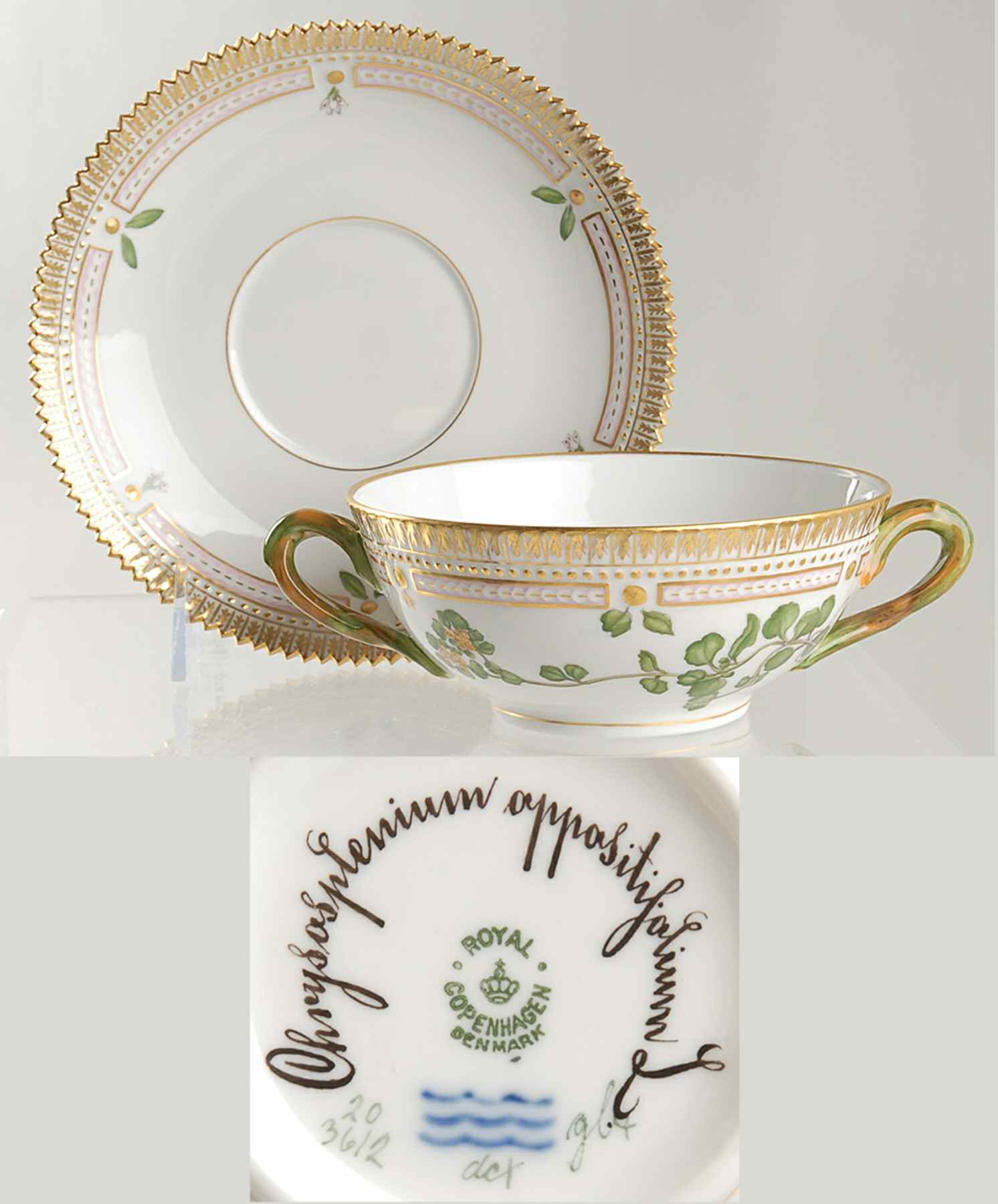 Flora Danica (1790 To 1960) Flat Cream Soup & Saucer-Chrysosplenium oppositifo by Royal Copenhagen-1