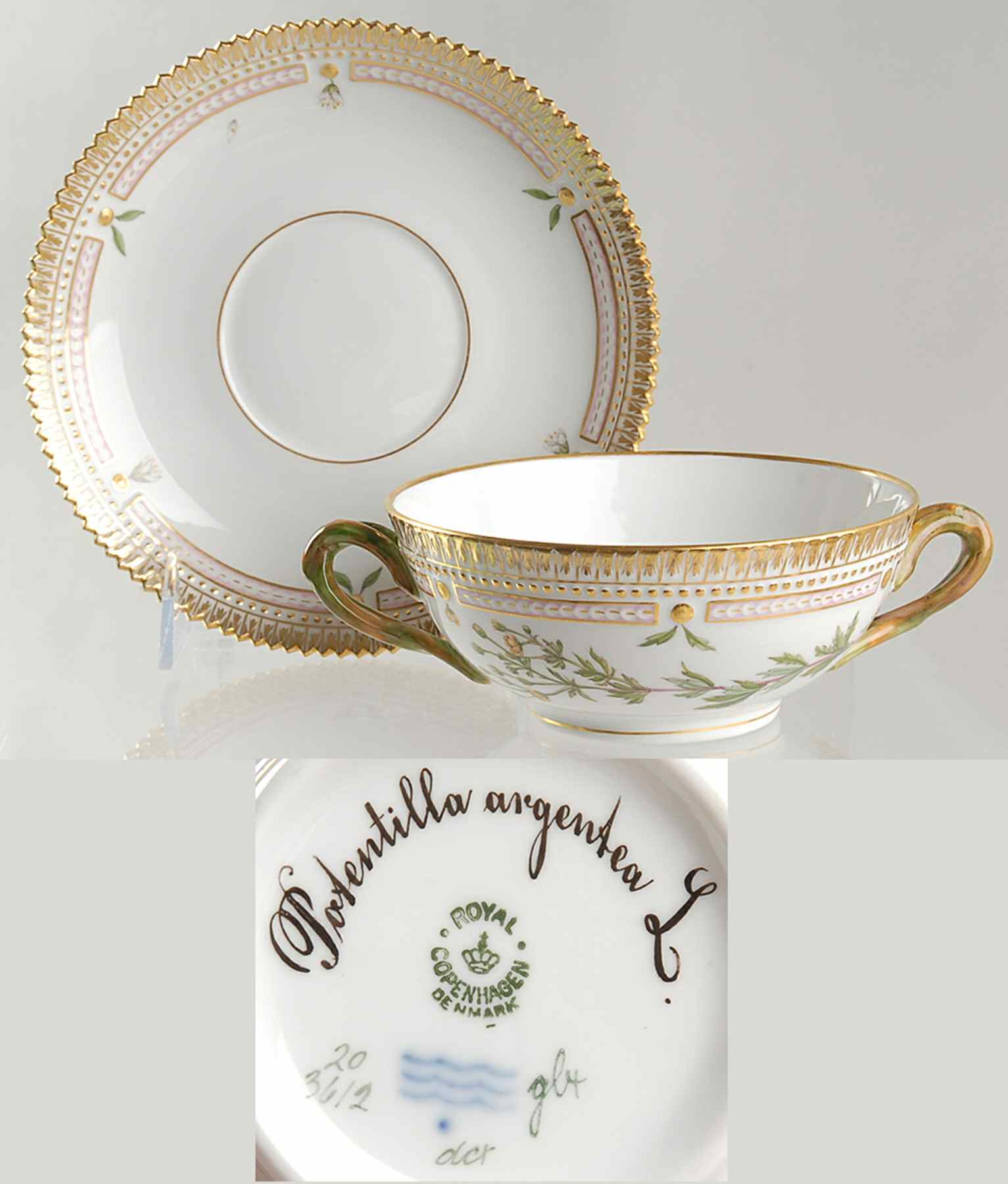 Flora Danica (1790 To 1960) Flat Cream Soup & Saucer-Potentilla argentea L by Royal Copenhagen-1