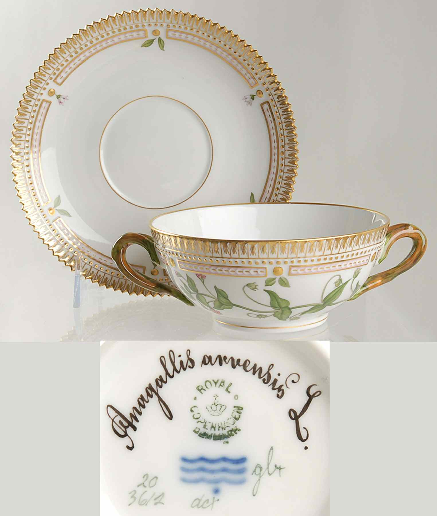 Flora Danica (1790 To 1960) Flat Cream Soup & Saucer-Anagallis arvensis L by Royal Copenhagen-1
