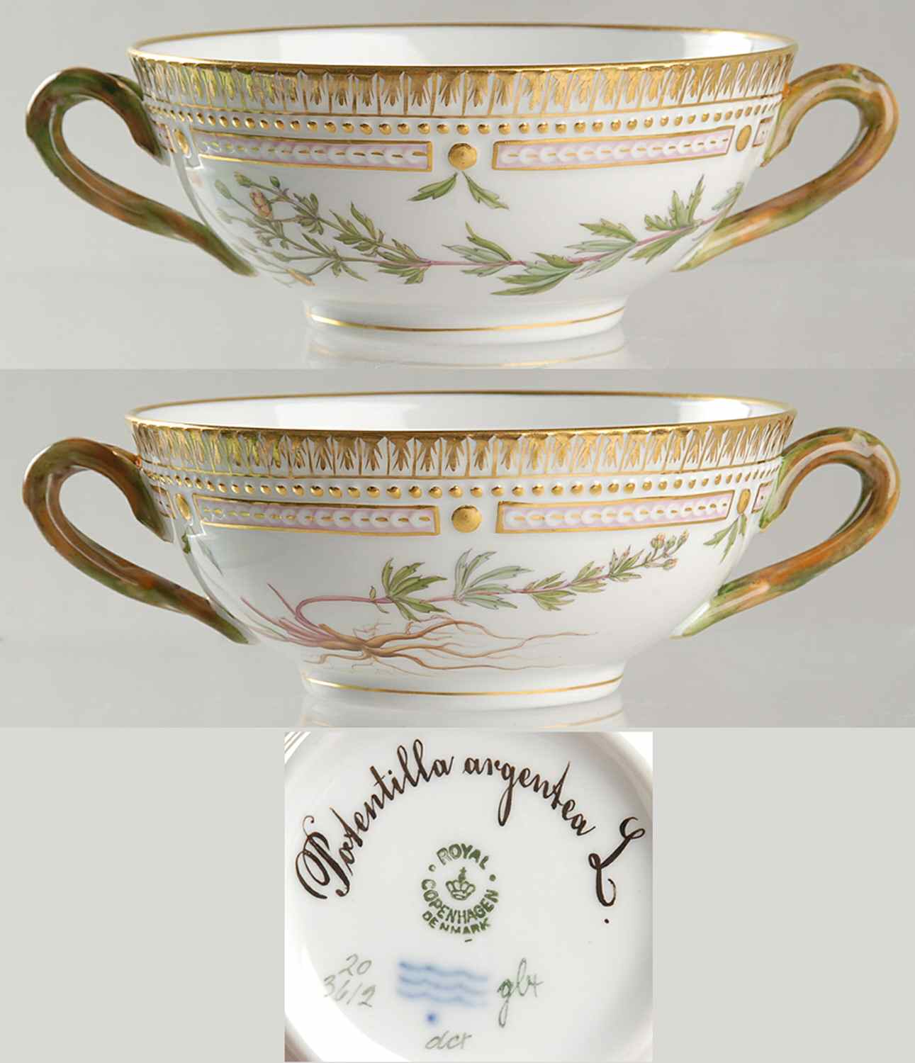 Flora Danica (1790 To 1960) Flat Cream Soup Bowl-Potentilla argentea L by Royal Copenhagen-1