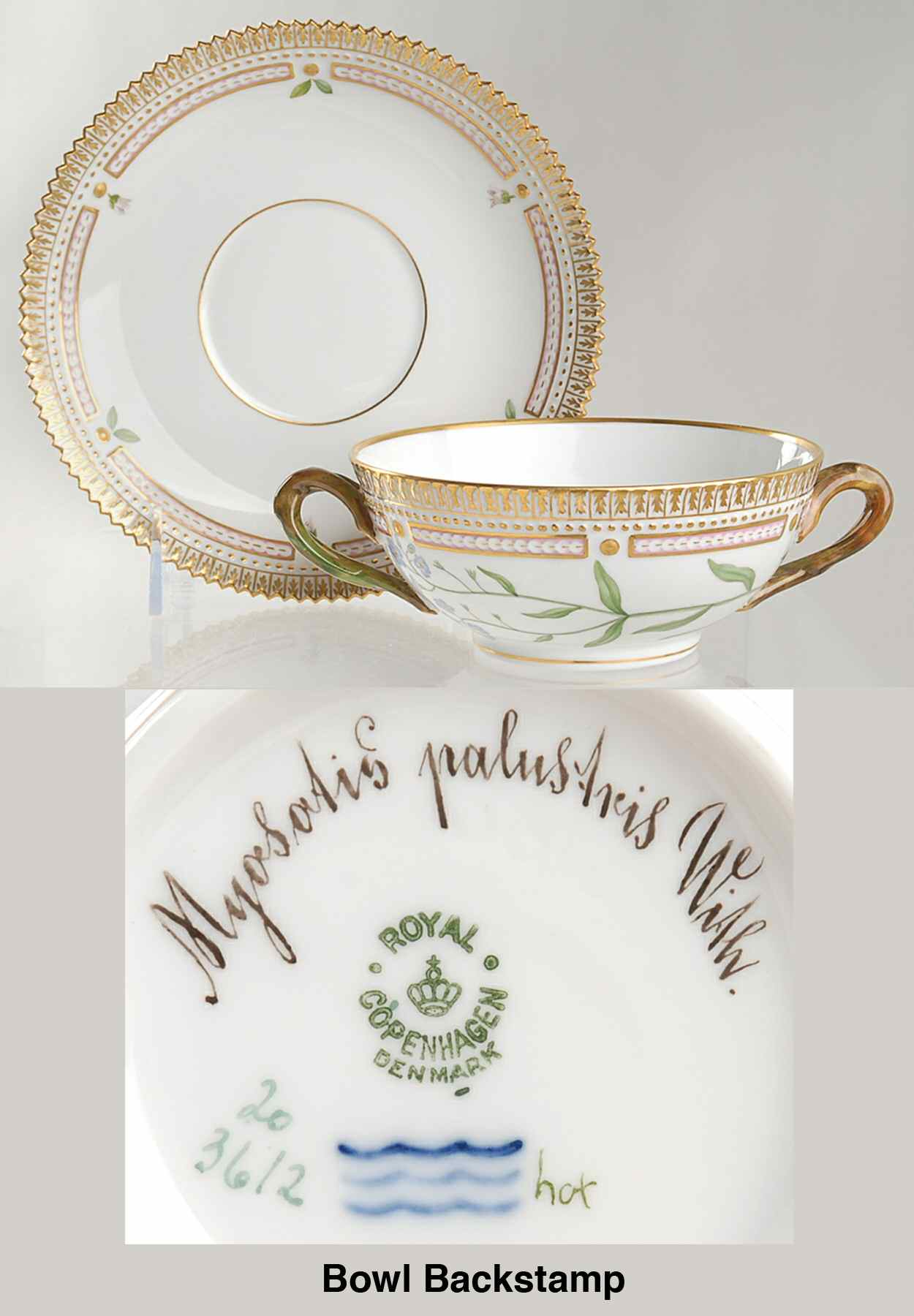 Flora Danica (1790 To 1960) Flat Cream Soup & Saucer-Myosotis palustris With by Royal Copenhagen-1