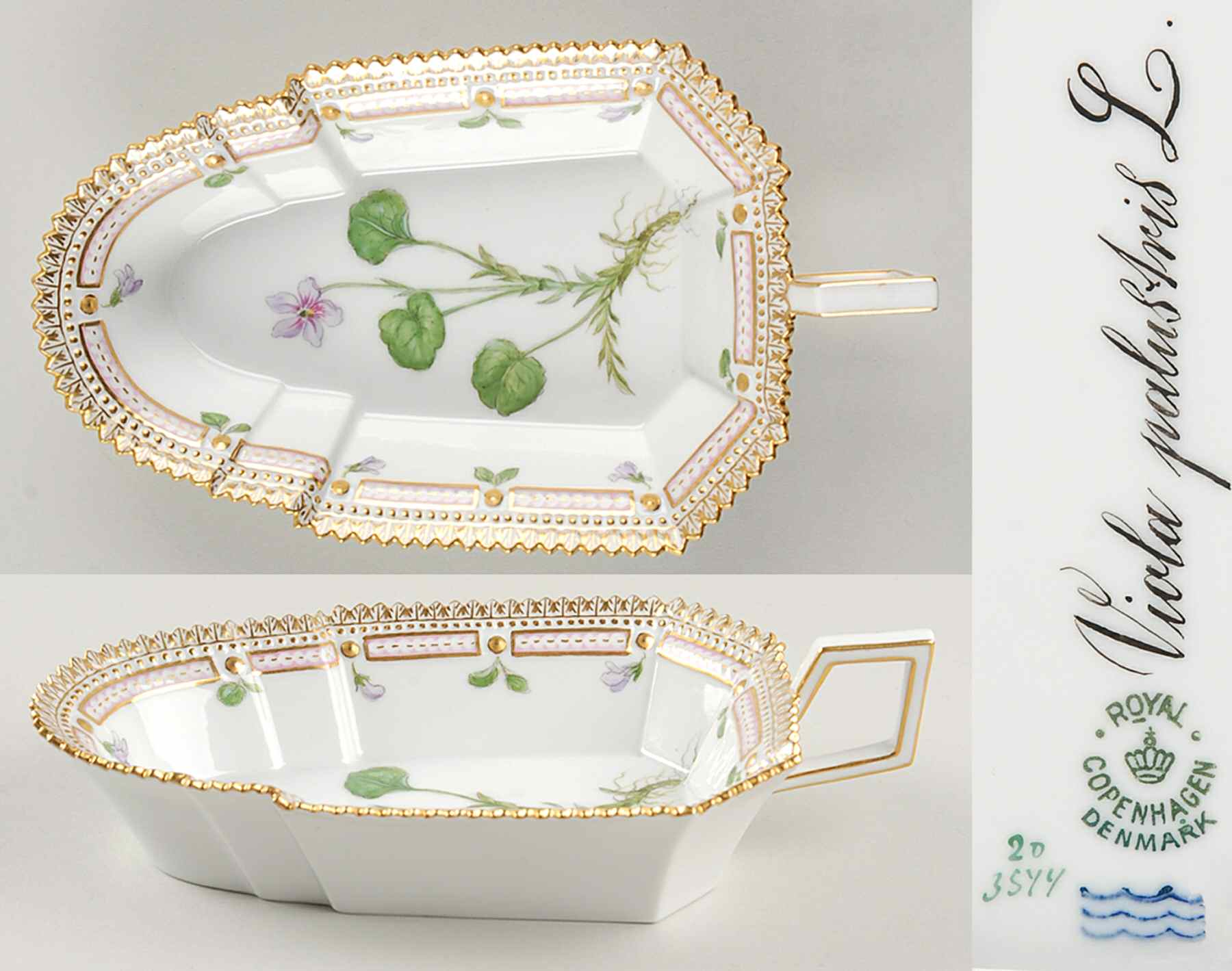 Flora Danica (1790 To 1960) 8" Pickle/Accent Dish-Viola palustris L by Royal Copenhagen-1