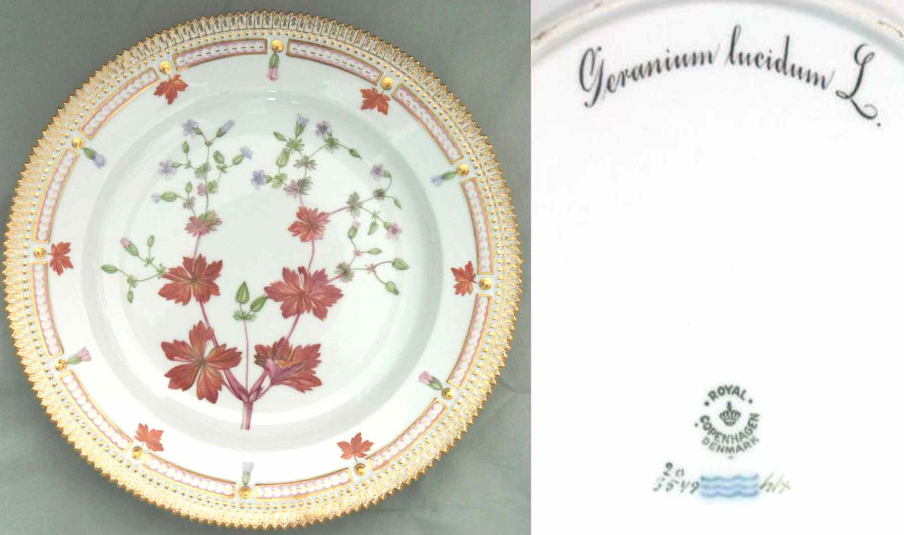Flora Danica (1790 To 1960) Dinner Plate-Geranium lucidum L by Royal Copenhagen-1