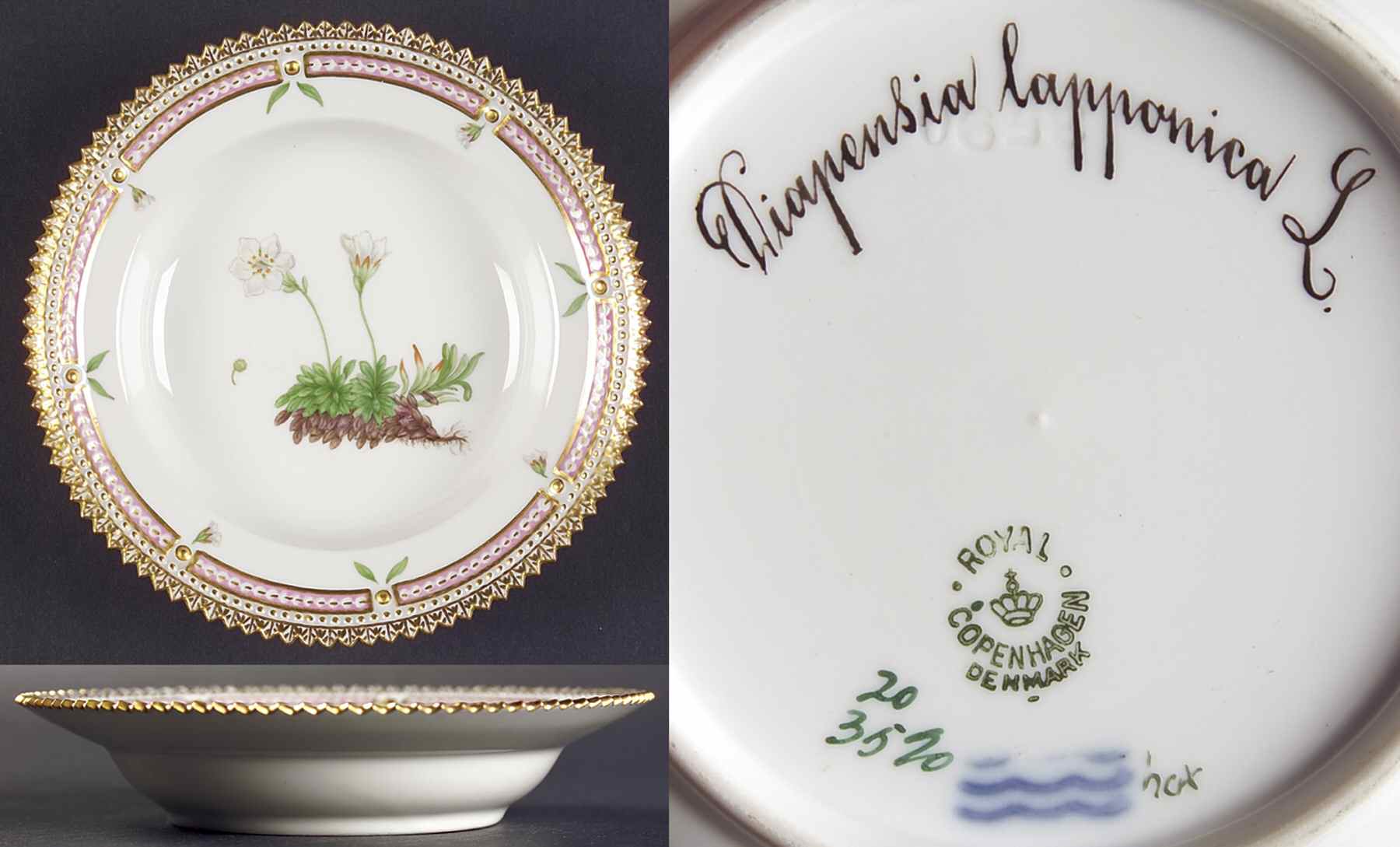 Flora Danica (1790 To 1960) Rim Fruit/Soup Bowl-Diapensia lapponica L by Royal Copenhagen-1
