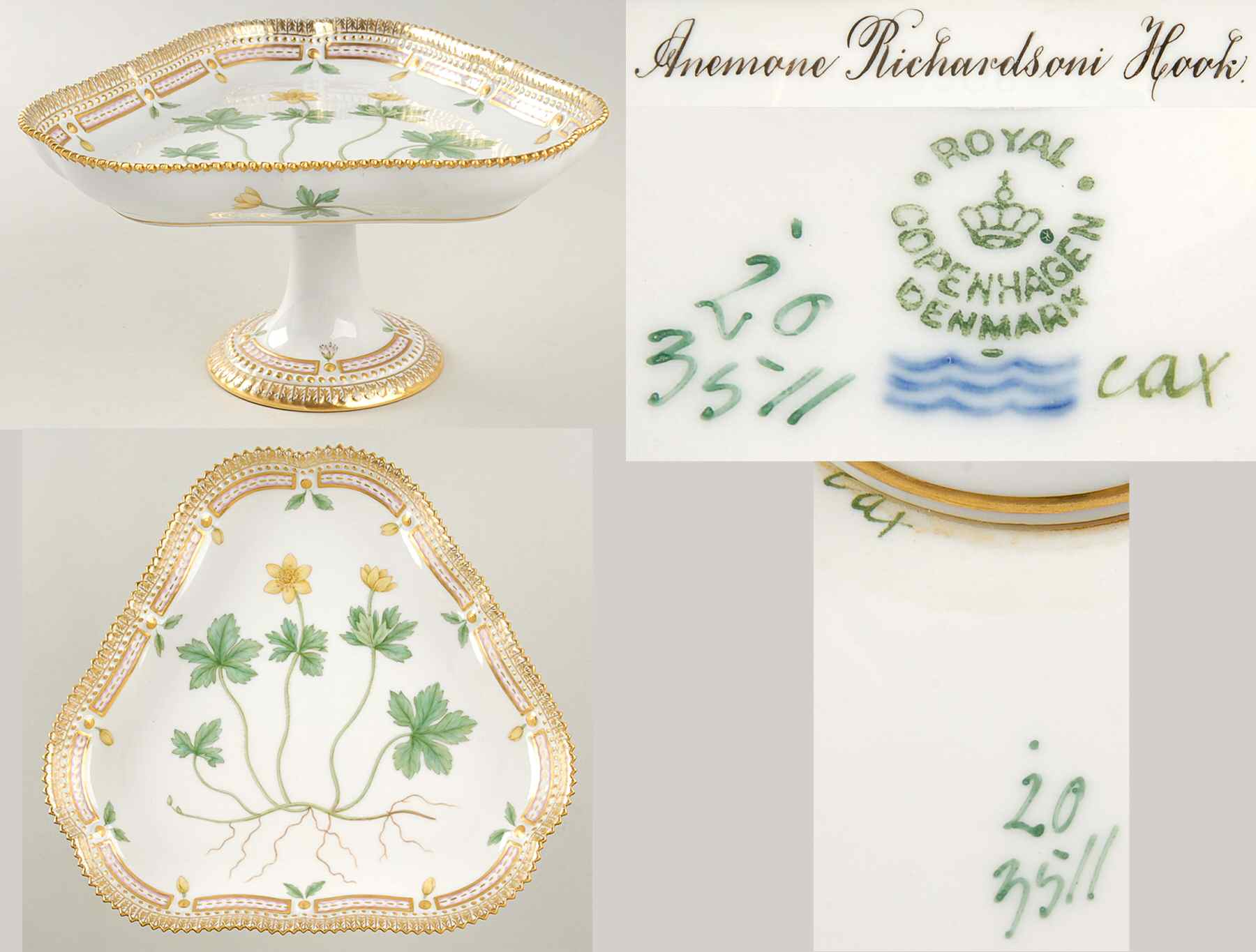 Flora Danica (1790 To 1960) Triangular High Foot Cake Plate-Anemone Richardson by Royal Copenhagen-1