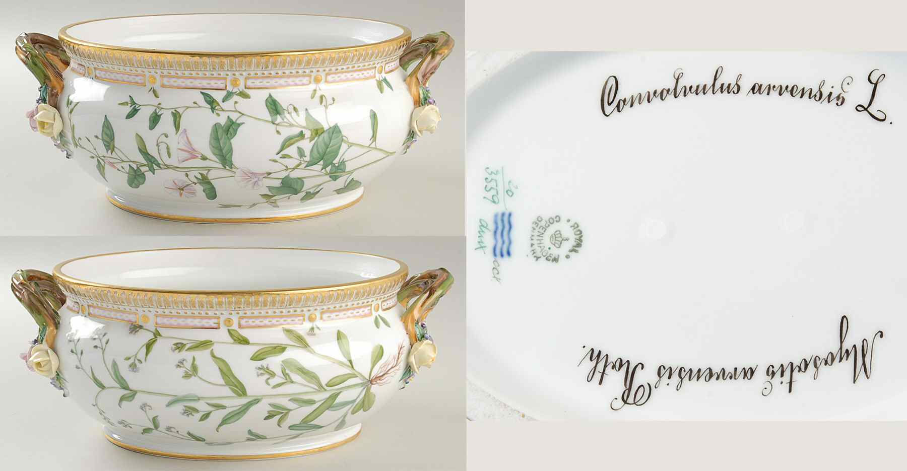 Flora Danica (1790 To 1960) 4Qt Oval Tureen No Lid-Convolvulus Arv,Myosotis Ar by Royal Copenhagen-1