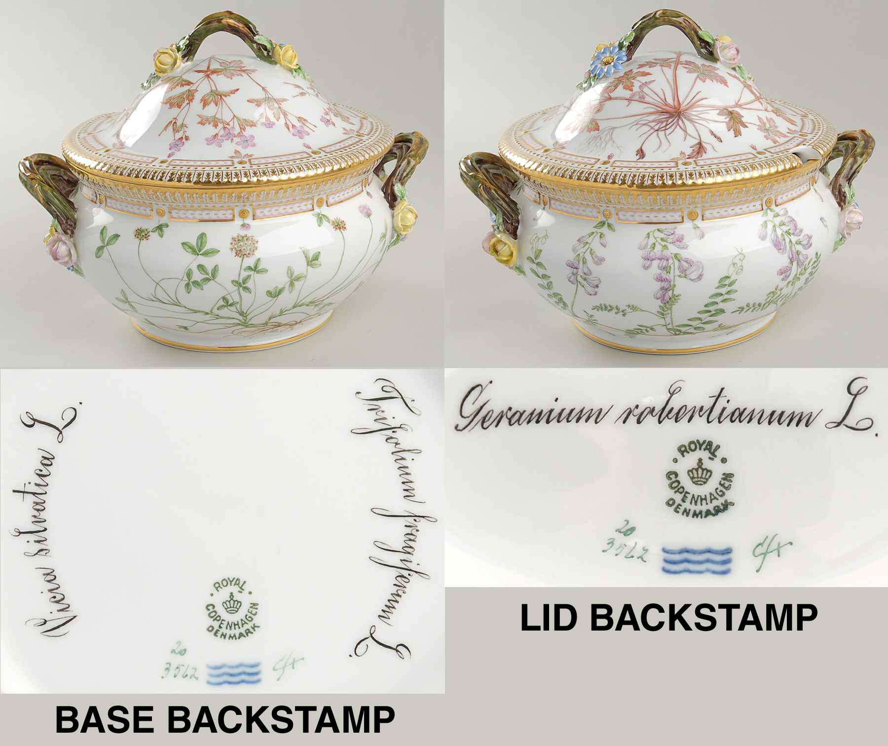 Flora Danica (1790 To 1960) 3 Qt Tureen & Lid-Trifol frag,Vicia silvat,Gera ro by Royal Copenhagen-1
