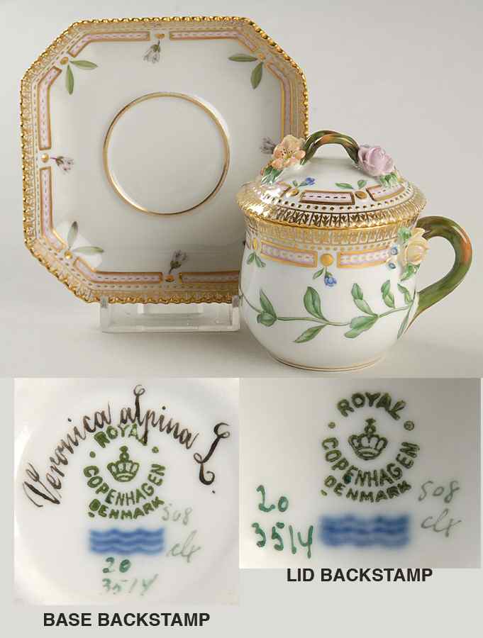 Flora Danica (1790 To 1960) Round Custard Cup, Saucer & Lid-Veronica alpina L. by Royal Copenhagen-1