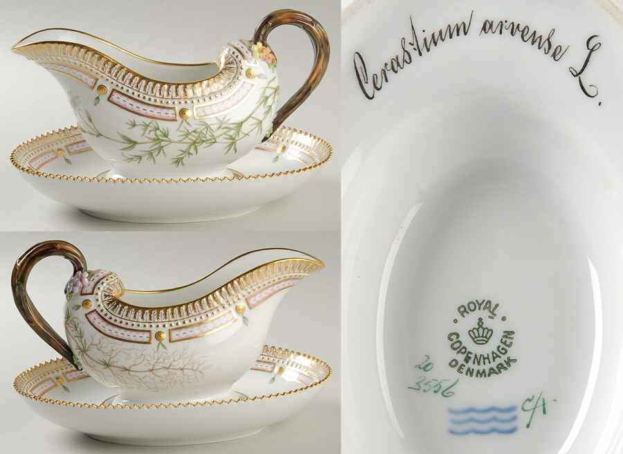 Flora Danica (1790 To 1960) Sauce Boat & Fixed Stand-Cerastium arvense L. by Royal Copenhagen-1