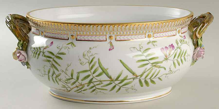Flora Danica (1790 To 1960) 4Qt Oval Tureen No Lid-Vicia angust,Linnoea boreal by Royal Copenhagen-1