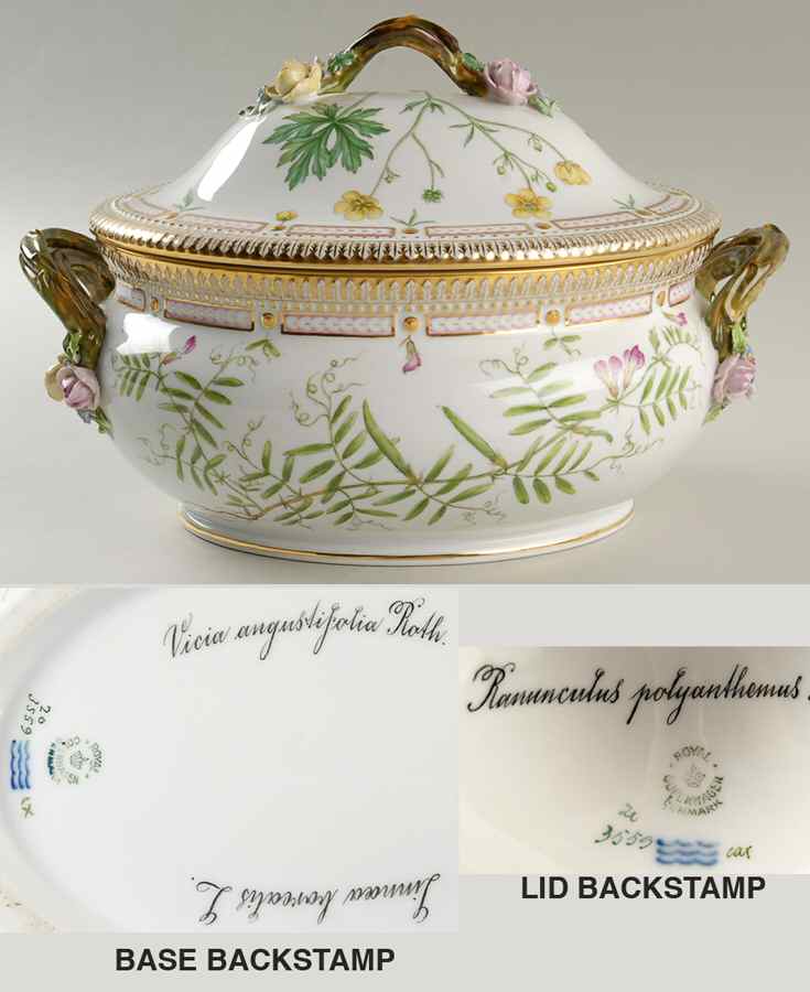 Flora Danica (1790 To 1960) 4qt Oval Tureen & Lid-Vicia Ang, Linn Bo, Ranun Po by Royal Copenhagen-1