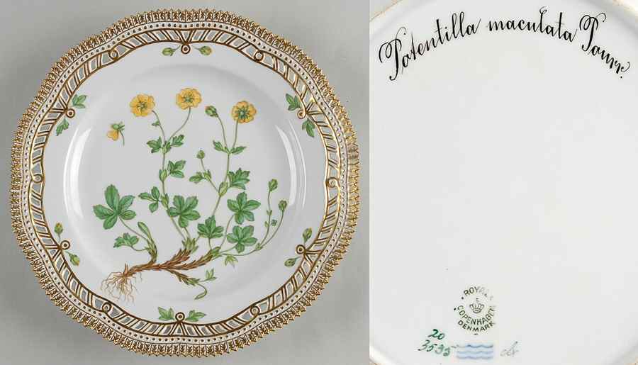 Flora Danica (1790 To 1960) 10" Pierced Dinner Plate/Fruit Std-Potentilla macu by Royal Copenhagen-1
