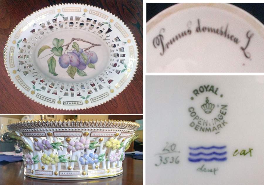 Flora Danica (1790 To 1960) 9" Oval Fruit Basket-Prunus demestica L. by Royal Copenhagen-1