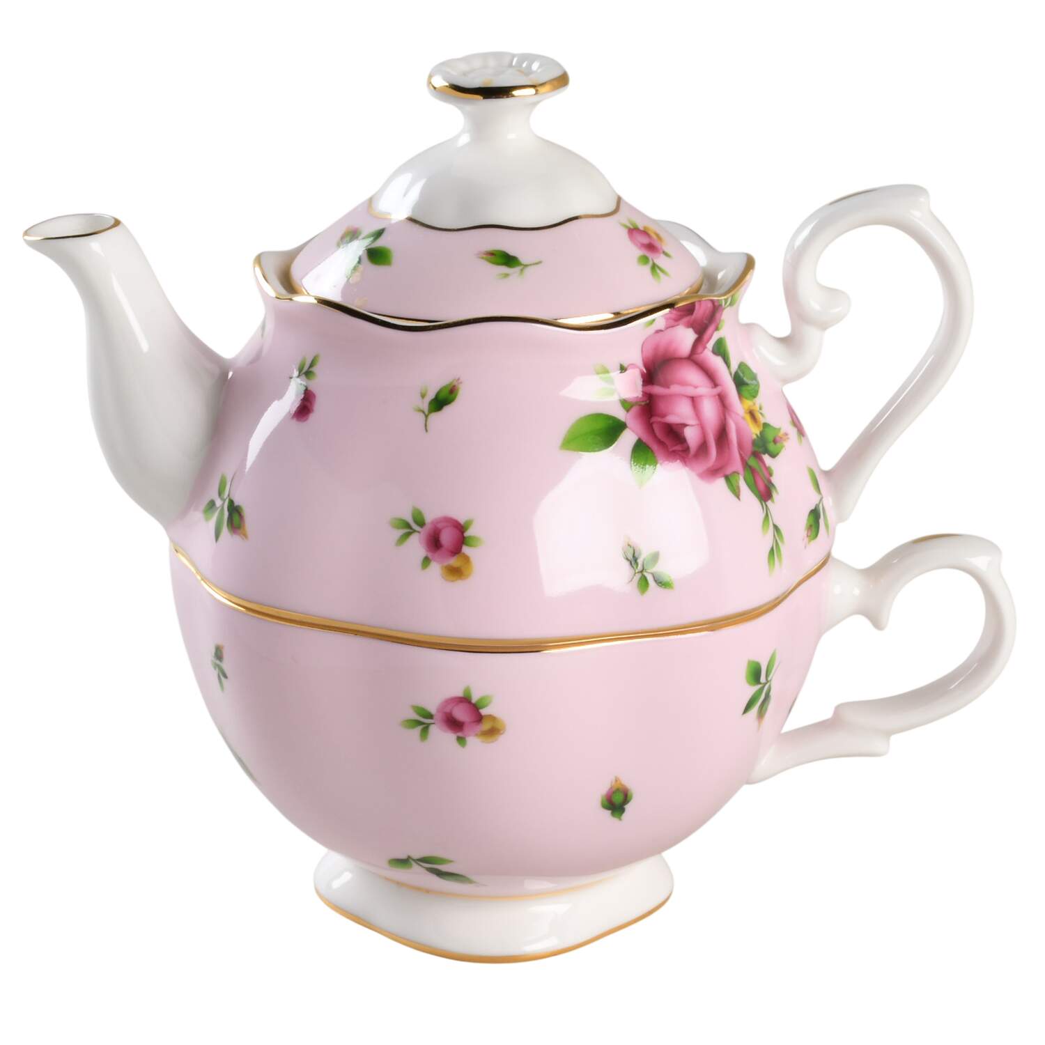 New Country Roses Pink Individual Teapot & Lid with Cup by Royal Albert-1