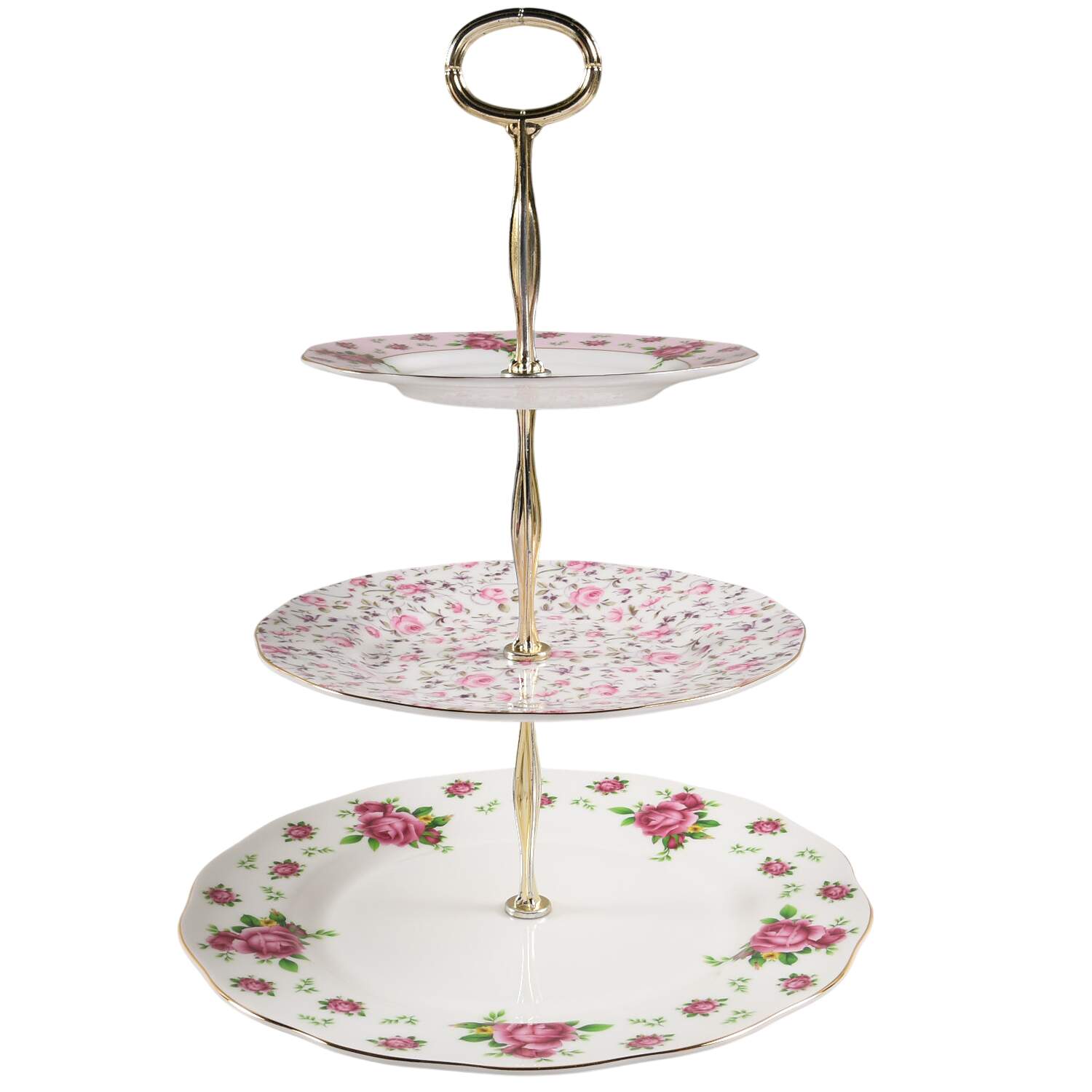 New Country Roses White 3-Tiered Serving Tray (DP, SP, BB) by Royal Albert-1