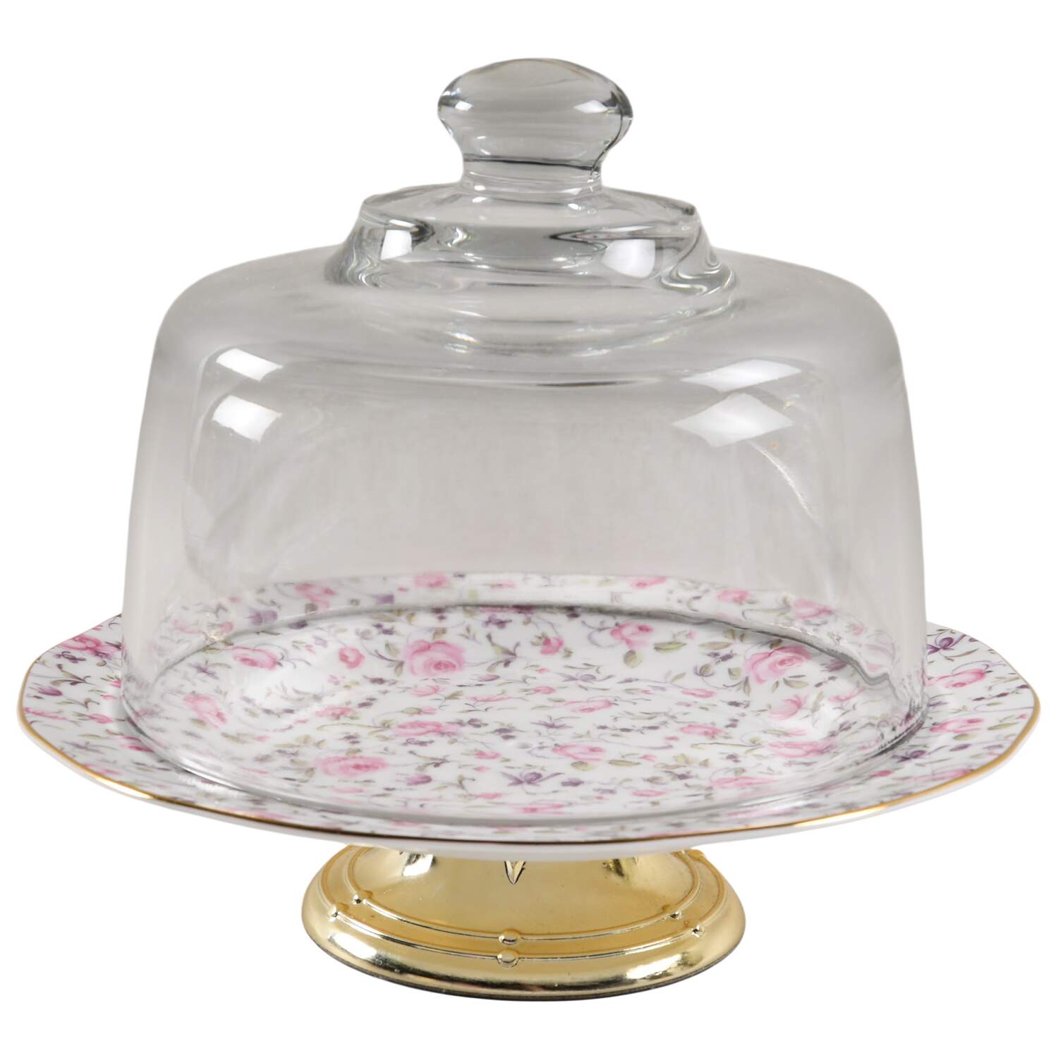 Rose Confetti 6 1/2"-7 1/2" Footed Cheese Plate w/ Glass Dome HC by Royal Albert-1