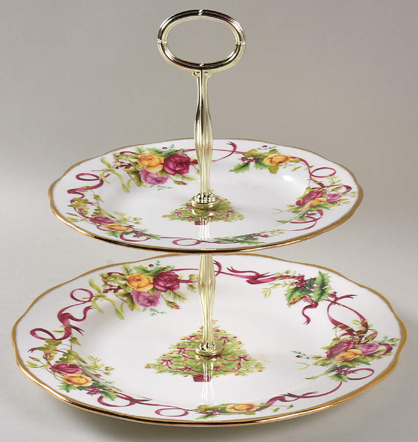 Old Country Roses (Christmas Tree) 2 Tiered Serving Tray (Dinner & Salad Plate) by Royal Albert-1