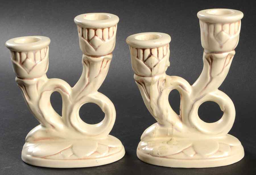 Eggshell Ivory Antiqued Brown Double Light Candlestick by Red Wing-1